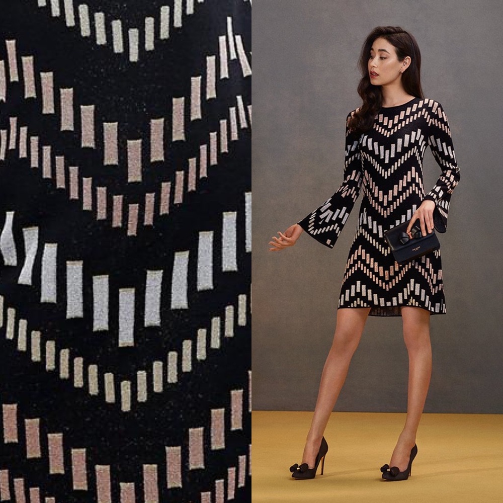 TED BAKER Black Metallic Knit Rozzy Bell Sleeve Dress